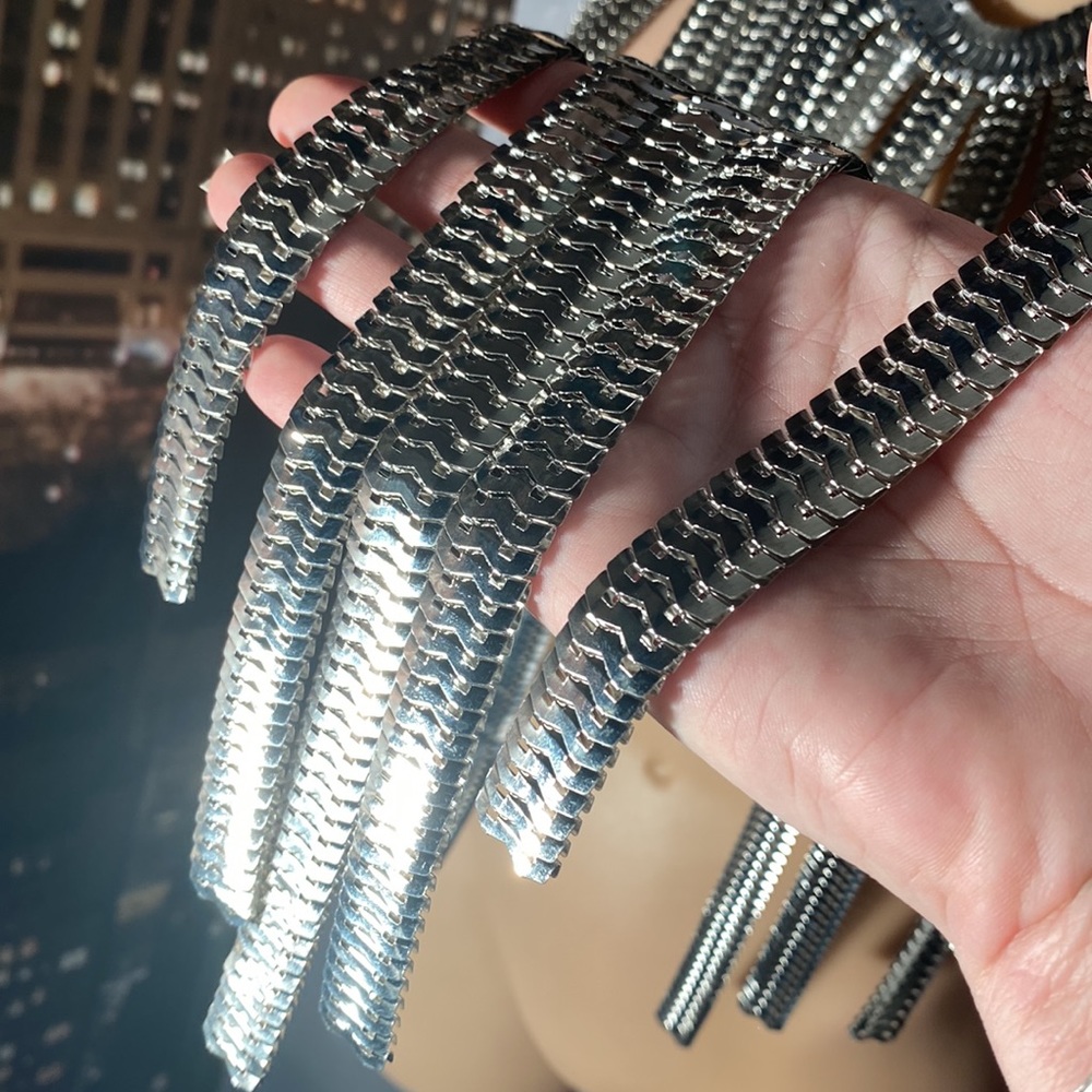 ENCOUR - necklace: thick long silvertone asymmetric fringe 1 of a kind statement - Picture 13 of 16